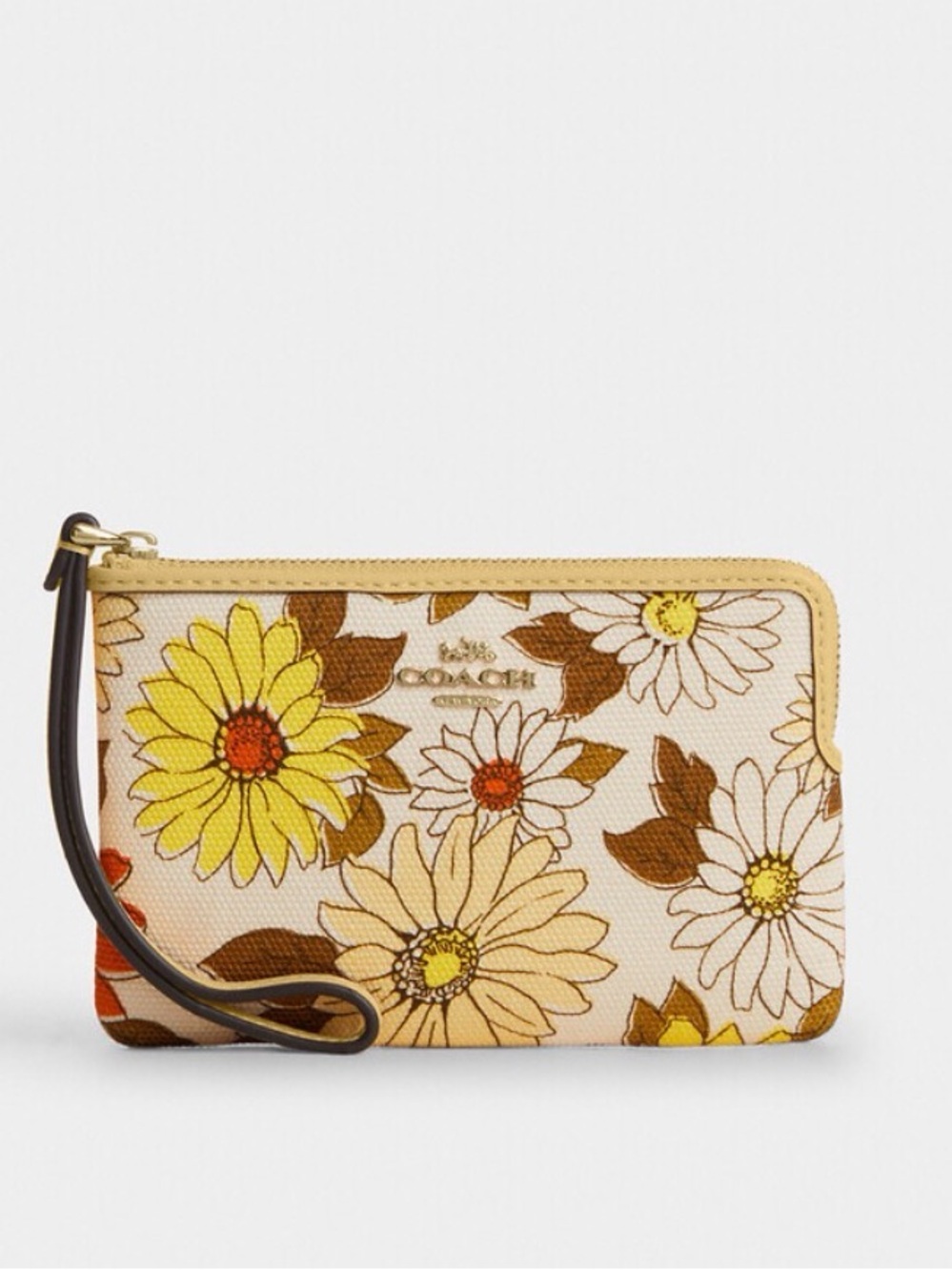 Coach Corner Zip Wristlet With Floral Print Vanilla Sunflower